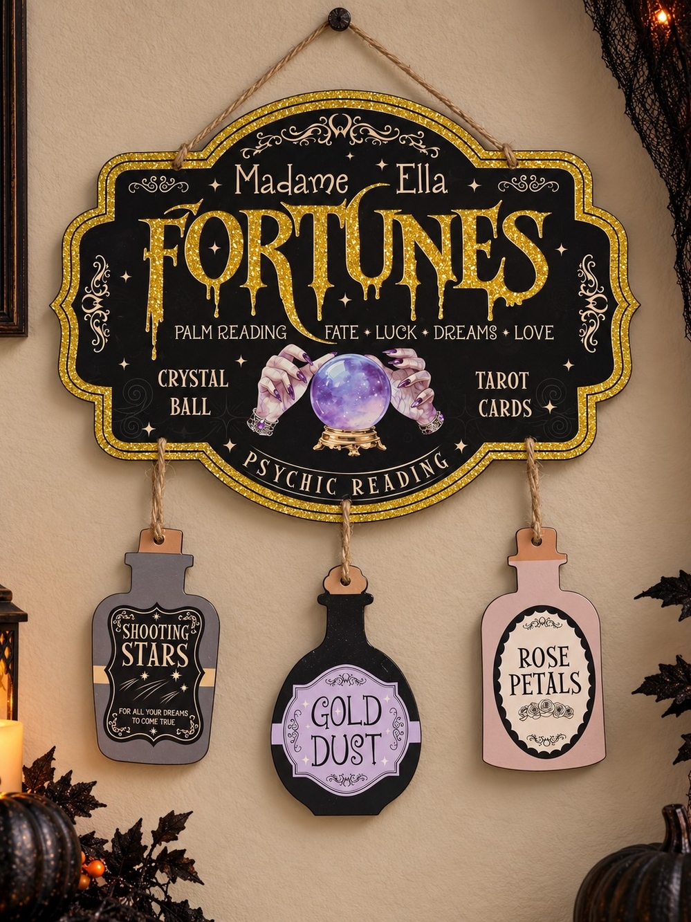 Fortunes Halloween Wall Sign in Black and Gold, New with Tags, 16.5" x 13"